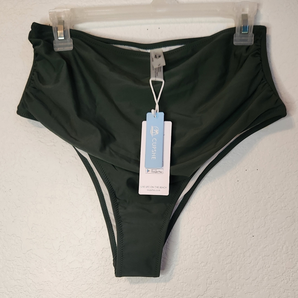 NWT Cupshe Forest Green Bikini Bottoms with Ruched Sides, Size XL
